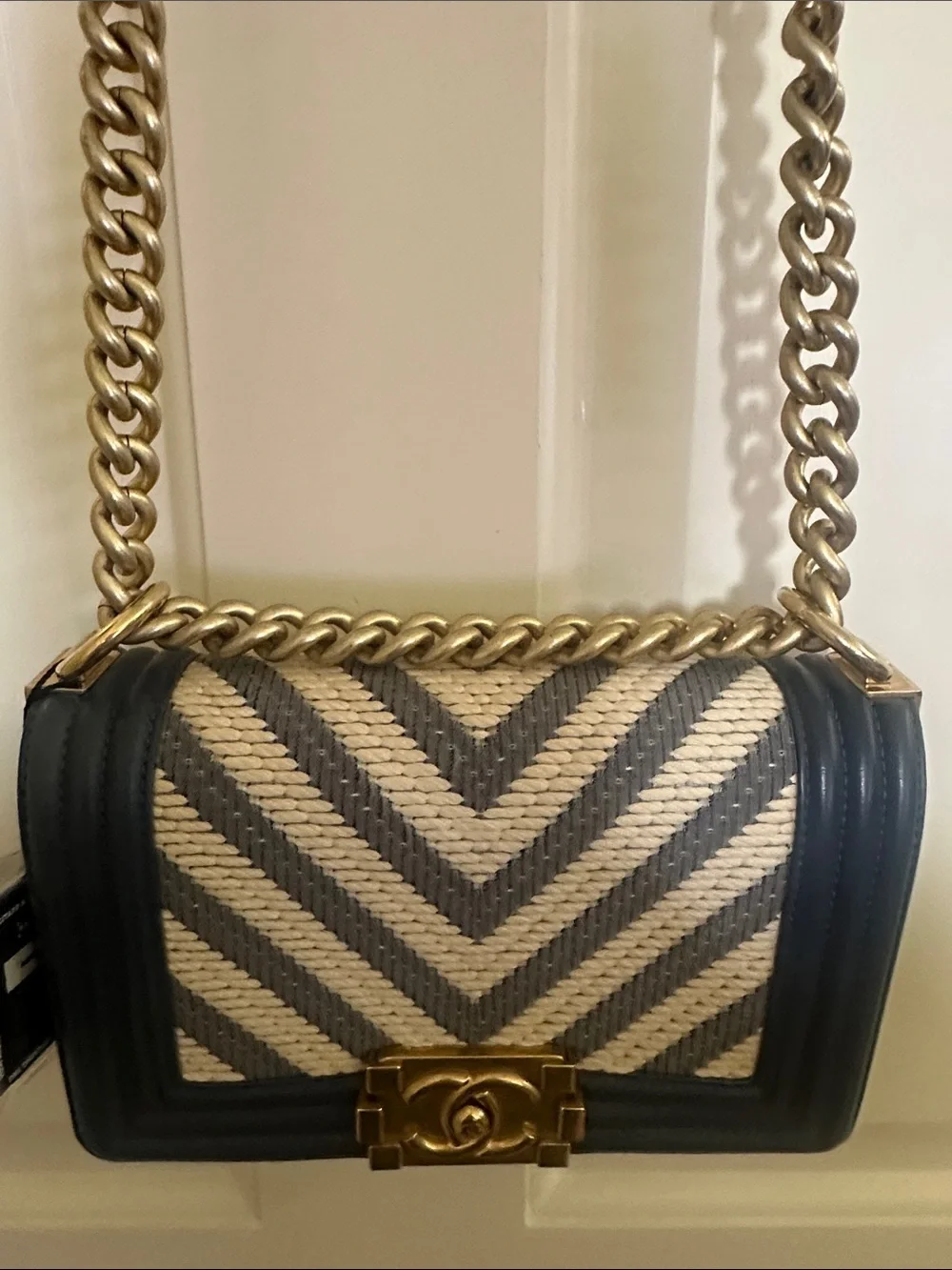 CHANEL small blue & Cream Chevron and Leather Boy Crossbody